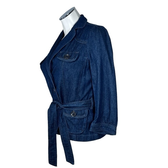 ANN TAYLOR LOFT Dark Denim Jacket Button-up 3/4 Sleeves with Belt Tie Women's SP - Picture 3 of 16